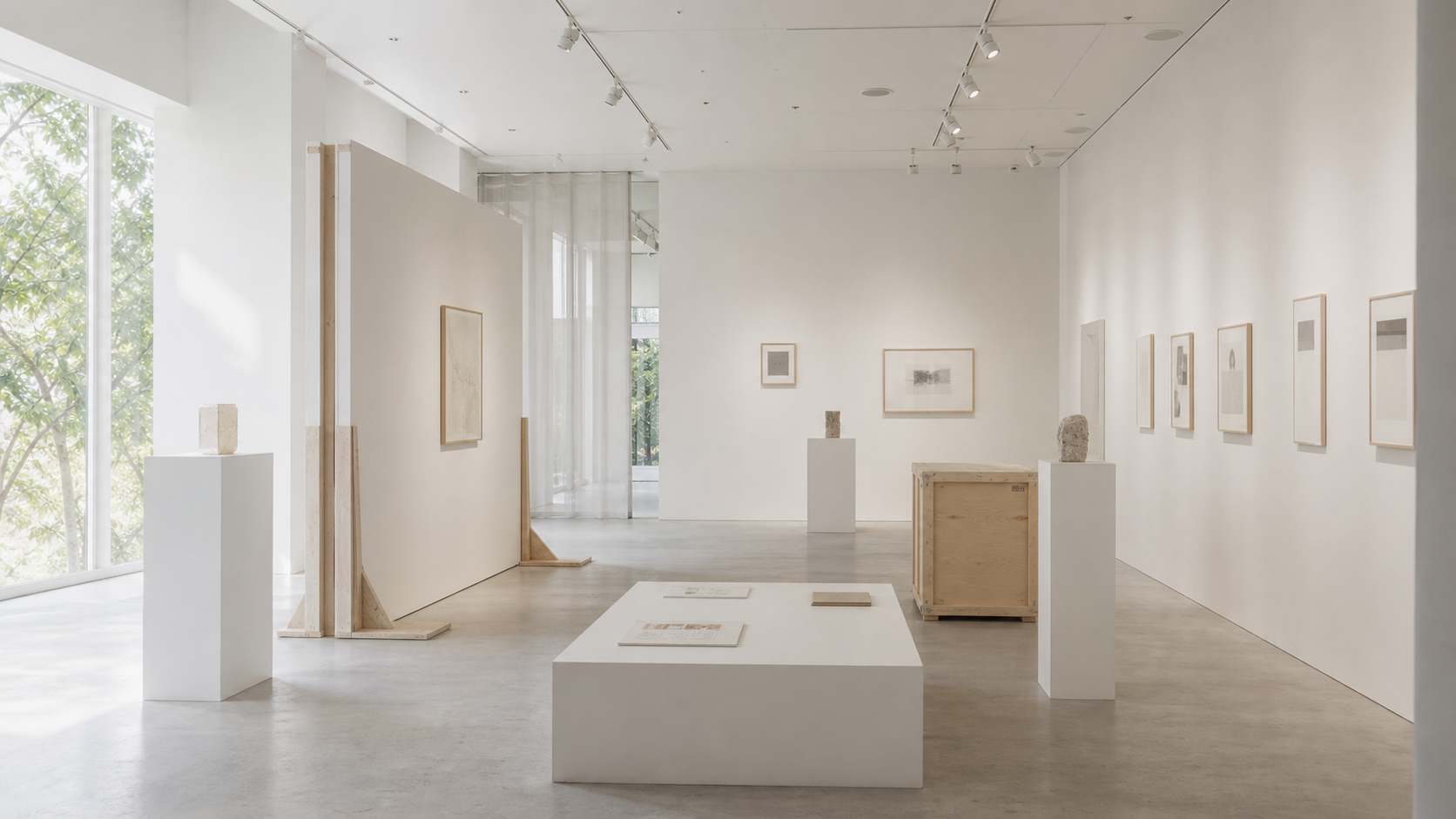 仮設展示のために整えられた明るい展示空間